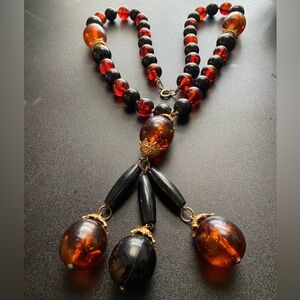 Elegant 29” Vintage Amber and Black Beaded Necklace